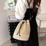Summer Straw Bucket Bag Drawstring Crossbody Travel Beach Purse