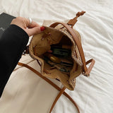 Summer Straw Bucket Bag Drawstring Crossbody Travel Beach Purse