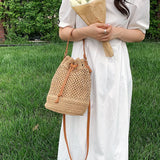 Summer Straw Bucket Bag Drawstring Crossbody Travel Beach Purse