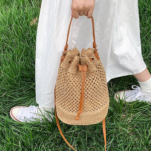 Summer Straw Bucket Bag Drawstring Crossbody Travel Beach Purse
