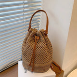 Summer Straw Bucket Bag Drawstring Crossbody Travel Beach Purse