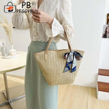 Summer Beach Vacation Straw Handbag with Silk Scarf