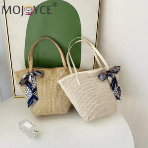 Summer Beach Straw Handbag with Silk Scarf