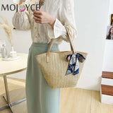 Summer Beach Straw Handbag with Silk Scarf