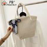 Summer Beach Vacation Straw Handbag with Silk Scarf