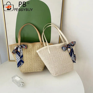Summer Beach Vacation Straw Handbag with Silk Scarf