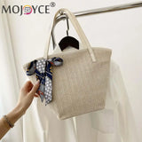Summer Beach Straw Handbag with Silk Scarf