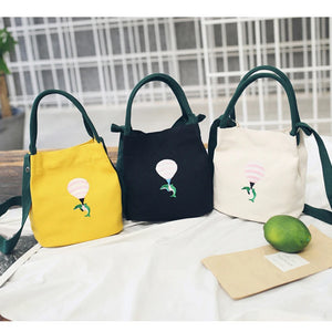 Summer Canvas Shoulder Bag Embroidered Zipper Bucket Bag