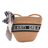 Summer Straw Woven Bucket Bag With Scarf Beach Crossbody Bag