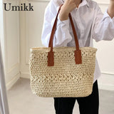 Straw Woven Shoulder Bag Large Capacity Boho Beach Vacation Handbag