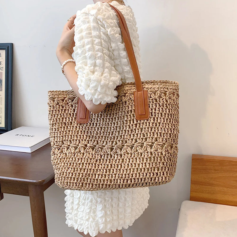 Straw Woven Shoulder Bag Large Capacity Boho Beach Vacation Handbag