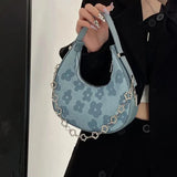 Summer Flower Half-moon Bag Canvas Armpit Shoulder Underarm Bag