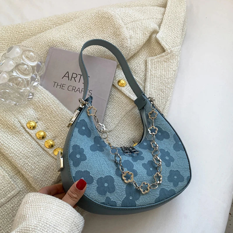 Summer Flower Underarm Bag Chains Shoulder Bag Sweet Girls Half-moon Handbag
