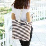 Summer Canvas Shoulder Bag Striped Tote Women Ladies Handbag