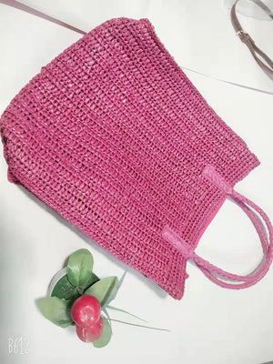 Hot Pink Straw Tote Bag for Women Large Capacity