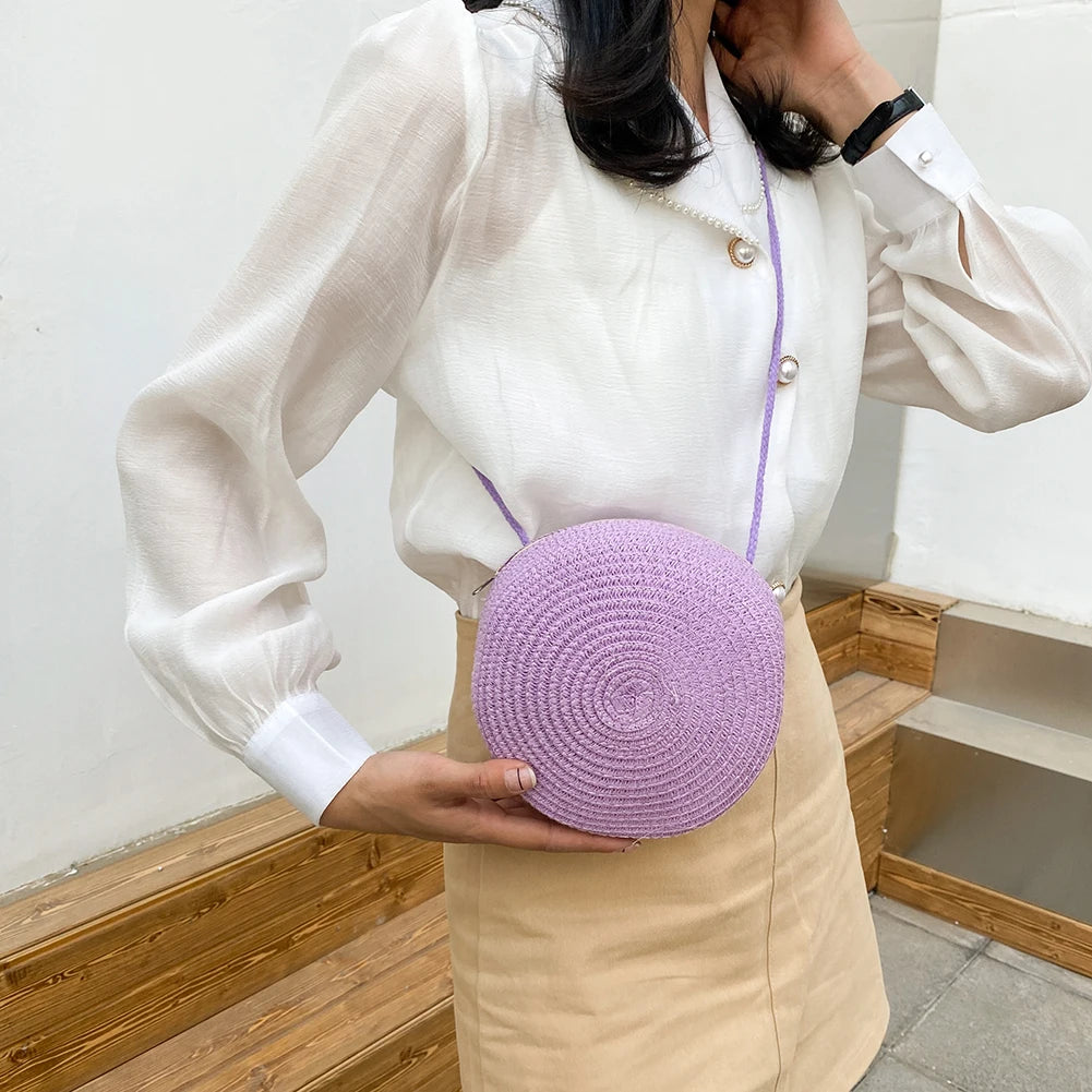 Vintage Vacation Women Woven Solid Shoulder Crossbody Bag Round Small Handbags