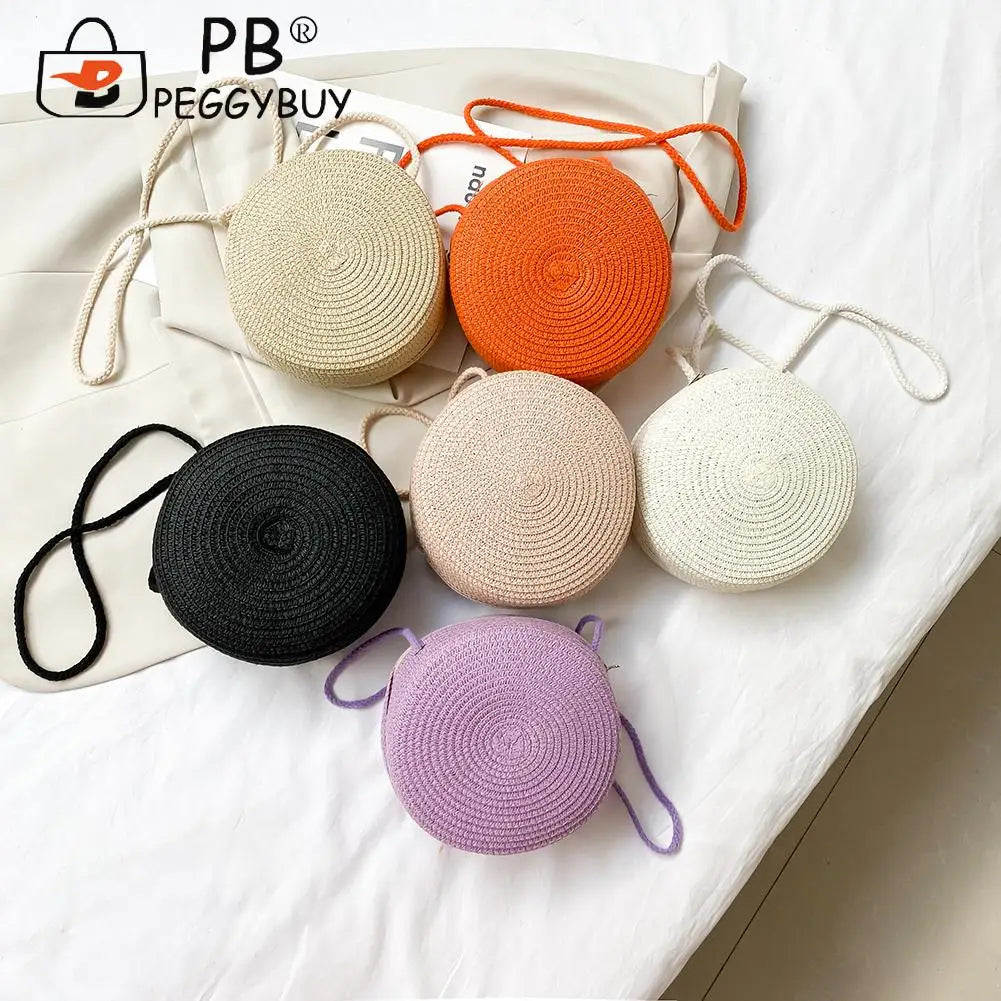 Vintage Vacation Women Woven Solid Shoulder Crossbody Bag Round Small Handbags