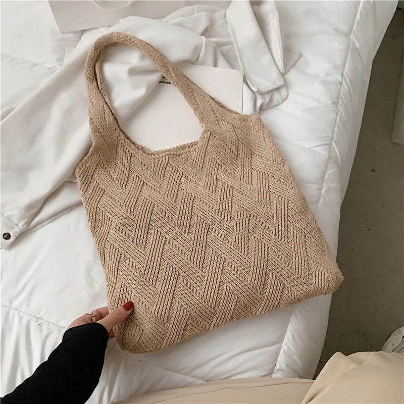 Summer Knitting Tote Bag Large Capacity Shoulder Bag Casual Retro Woman Bolsas