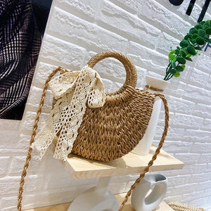 Summer Straw Beach Bag Moon Shaped Top Handle Tote Weaving Ladies Handbag