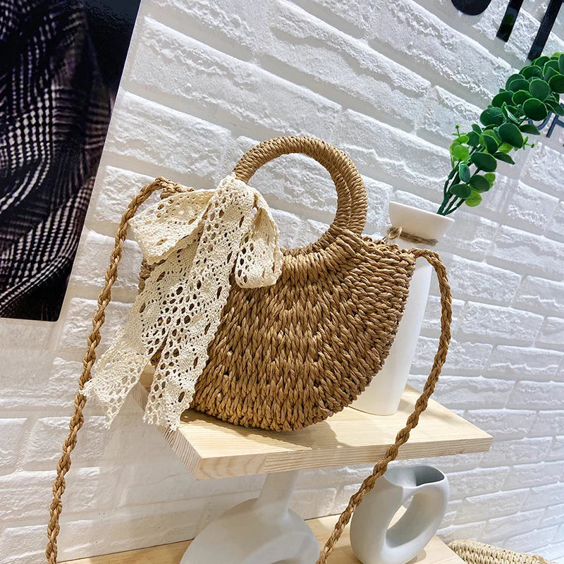 Summer Straw Beach Bag Moon Shaped Top Handle Tote Weaving Ladies Handbag