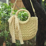 Summer Straw Beach Bag Moon Shaped Top Handle Tote Weaving Ladies Handbag