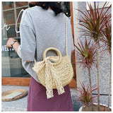 Summer Straw Beach Bag Moon Shaped Top Handle Tote Weaving Ladies Handbag