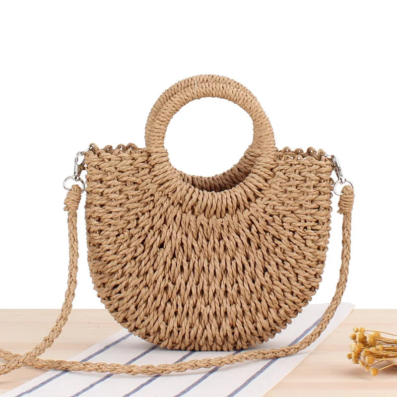 Women's Summer Straw Beach Bag Moon Shaped Handbags Totes