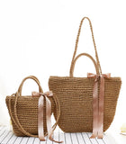 Summer Straw Bags Ribbons Bowknot Beach Bag Casual Knitting Handbags Women