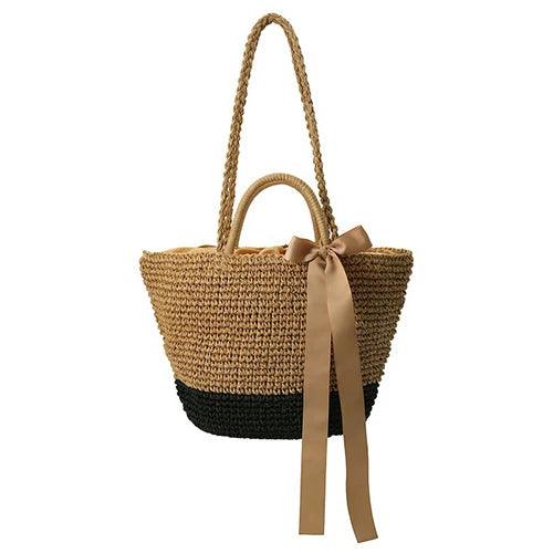 Summer Straw Bags Ribbons Bowknot Beach Bag Casual Knitting Handbags Women