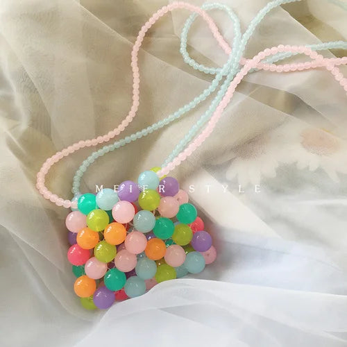 Summer Ins Pearl Mini Lipstick Bag Beaded Candy Jelly Rainbow Chain Wallet