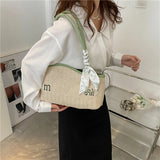 Summer Straw Shoulder Bag with Scarf, Beach Woven Tote Purse for Lady Handbag