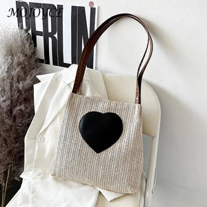 Summer Love Straw Woven Bags for Women Knitted Bucket Shoulder Bag