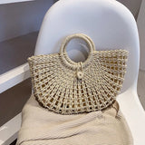 Half-Moon Straw Beach Bag Travel Handle Bag Rattan Shopping Basket Bag