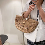 Half-Moon Straw Beach Bag Travel Handle Bag Rattan Shopping Basket Bag