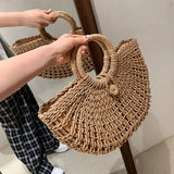 Half-Moon Straw Beach Bag Travel Handle Bag Rattan Shopping Basket Bag