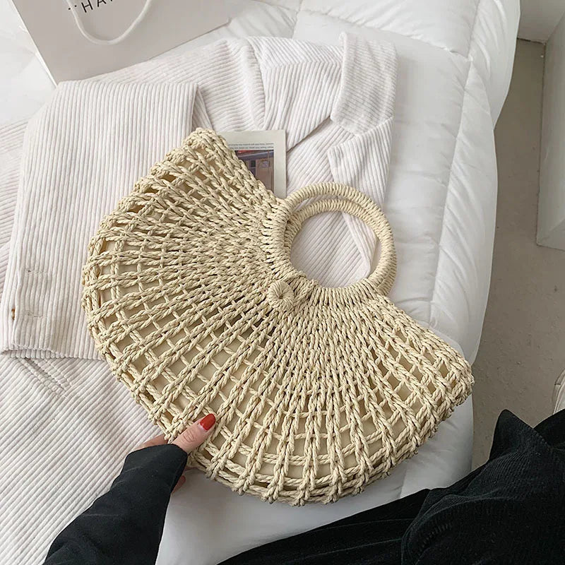 Half-moon Straw Beach Bag Travel Handle Rattan Shopping Basket Totes Bolsa