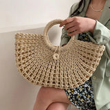 Half-Moon Straw Beach Bag Travel Handle Bag Rattan Shopping Basket Bag