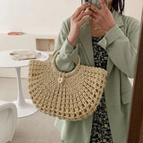 Half-Moon Straw Beach Bag Travel Handle Bag Rattan Shopping Basket Bag