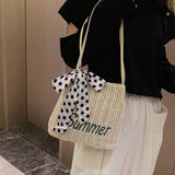 Summer Bucket Embroidery Straw Woven Bag with Silk Scarf Decoration
