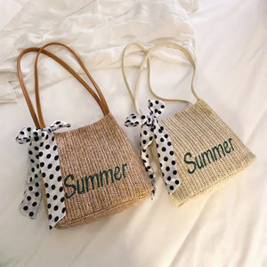 Summer Bucket Embroidery Straw Woven Bag with Silk Scarf Decoration