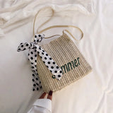 Summer Bucket Embroidery Straw Woven Bag with Silk Scarf Decoration