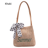 Summer Bucket Embroidery Straw Woven Bag with Silk Scarf Decoration