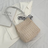Summer Bucket Embroidery Straw Woven Bag with Silk Scarf Decoration