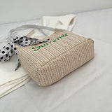 Summer Bucket Embroidery Straw Woven Bag with Silk Scarf Decoration