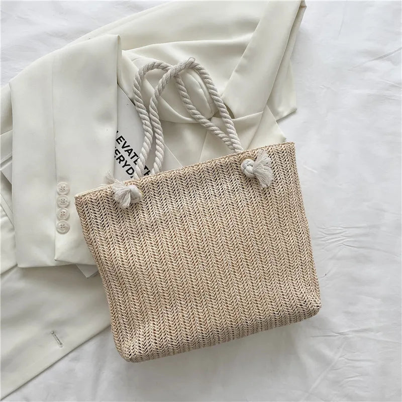 Summer Straw Handbag Shoulder Bag Large Capacity Solid Tote Bags