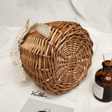 Summer Round Bag Mini Ins Straw Bag Rattan Handbag Women Lace Bow Bucket Bag