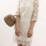 Summer Round Bag Mini Ins Straw Bag Rattan Handbag Women Lace Bow Bucket Bag