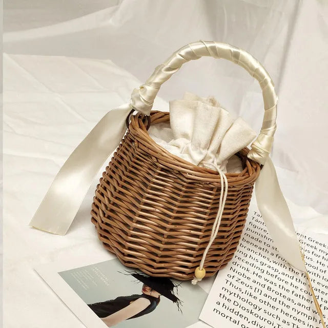 Summer Round Bag Mini Ins Straw Bag Rattan Handbag Women Lace Bow Bucket Bag