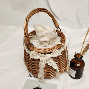 Summer Round Bag Mini Ins Straw Bag Rattan Handbag Women Lace Bow Bucket Bag