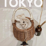 Summer Round Bag Mini Ins Straw Bag Rattan Handbag Women Lace Bow Bucket Bag